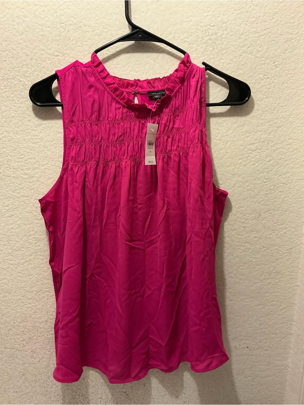 NWT Ann Taylor Sleeveless Smocked Neck Shell - Bright Pink $60